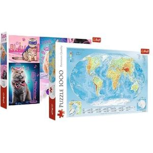 Trefl 10641 Duopack, pakket met 2, 2 x 1000 delen wereldkaart, superkatten, speciale editie exclusief bij Amazon puzzel