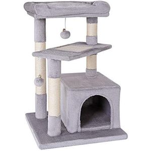 lionto krabpaal voor katten met comfortabele ligplaats & hol, hoogte 75 cm, kattenboom met sisaltouw & zacht pluche, 2 pluche ballen incl. belletjes, geschikt voor kleine & grote katten, lichtgrijs