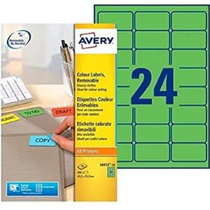 Avery L6033-20 zelfklevende verwijderbare groene archiefetiketten, 24 etiketten per A4-vel, 63,5 x 33,9 mm