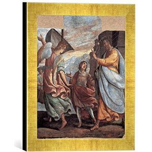 Ingelijste afbeelding van Giovanni Mauro Della Rovere Het vertrek van de Heilige Vitus, kunstdruk in hoogwaardige handgemaakte fotolijst, 30 x 30 cm, Gold Raya