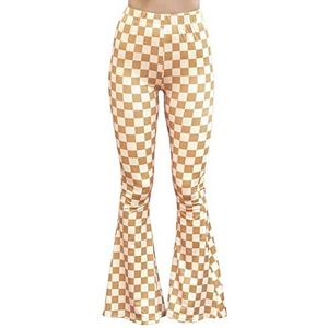 Daisy Del Sol Hoge Taille Gypsy Comfy Yoga Etnische Tribal Stretch Palazzo 70s Bell Bottom Fit to Flare Broek, Tan dambord, S