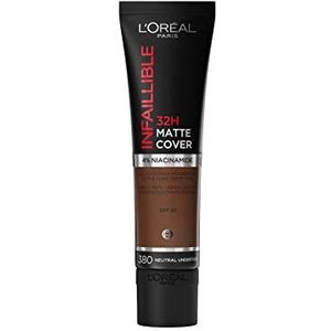 L'Oréal Paris Infaillible 32H Matte Cover Foundation 380, langdurige vloeibare make-up met neutrale ondertint, hoge dekking, formule met 4% niacinamiden, water- en veegvast, 1 x 30 ml