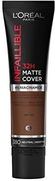 L'Oréal Paris Infaillible 32H Matte Cover Foundation 380, langdurige vloeibare make-up met neutrale ondertint, hoge dekking, formule met 4% niacinamiden, water- en veegvast, 1 x 30 ml