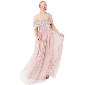 Maya Deluxe Vrouwen Dames Bardot Jurk Maxi Verfraaid Hight Empire Taille Mouwloze Tule Voor Bruiloft Gast Prom Afstuderen Bruidsmeisje, Frosted Roze, 32