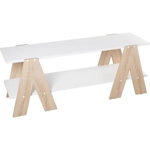 DRW TV-tafel met poten en plank, van hout in wit en eiken, 120 x 38 x 46 cm, plank 120 x 34 x 1,8 cm