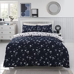 Sleepdown Celestial Moons & Stars Marinewit, omkeerbaar, zacht, onderhoudsvriendelijk dekbedovertrek, dekbedovertrekset met kussensloop, eenpersoons (135 cm x 200 cm), polykatoen