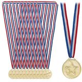 Relaxdays medailles voor kinderen, set van 12, Ø 3,5cm, plastic, met lint, kindermedaille, kinderverjaardag, sport, goud