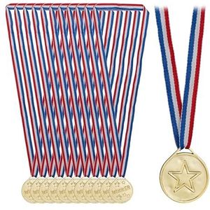 Relaxdays medailles voor kinderen, set van 12, Ø 3,5cm, plastic, met lint, kindermedaille, kinderverjaardag, sport, goud