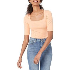 Amazon Essentials Women's T-shirt met halve mouwen, vierkante hals en slanke pasvorm, Koraaloranje, S