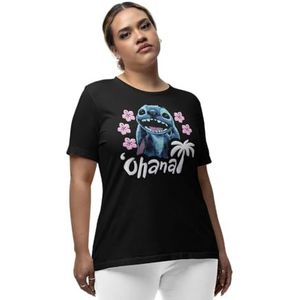 Disney Stitch ""Ohana Smiles"" Dames T-shirt - Happy Alien Graphic Tee met Roze Hibiscus Bloemen & Palm Tree - Heartwarming Tropical Cartoon Style for Family Fun, Wit, S