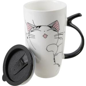lachineuse - Gigantische kattenmok Kawaii Funny Cat 600 ml - Grote XXL witte porseleinen mok - Japanse thee- en koffiemok - met geïsoleerd deksel - grappige kat - mok cadeau-idee Japan Azië -