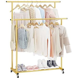 Calmootey Dubbele staaf kleding kledingrek, rollend hangend kledingrek, draagbare kledingorganizer voor slaapkamer, woonkamer, kledingwinkel, goud