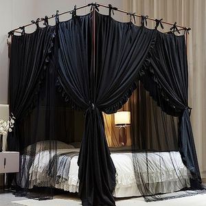 AIOOO 4 Hoeken Post Prinses Gordijn Bed Luifel Dubbellaags Gezellige Klamboe Mesh en Doek voor Meisjes Volwassenen Slaapkamer Decoratie (Dubbel-Zwart/Zwart, 159,9 cm B*82"" L*82""/H/(Queen))