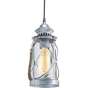 EGLO Hanglamp Bradford, 1-vlammige vintage hanglamp, lantaarn, materiaal: staal, kleur: zilver antiek, glas: helder, fitting: E27