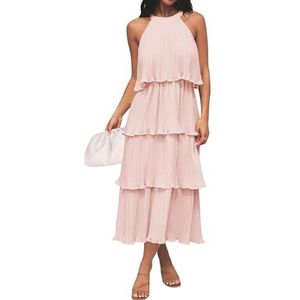 ZESICA Women's 2025 Summer Sleeveless Halter Neck Ruffle Tiered Layed Chiffon Flowy Swing Long Midi Dress,Pink,Medium