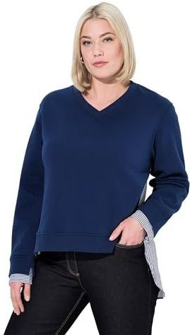Ulla Popken - Sweatshirt - Donkerblauw/Wit - V-hals - Lange Mouwen