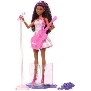 Barbie 65ste verjaardag pop en 10 accessoires, popsterset met zangerpop met bruin haar, podium met bewegende functie en meer, HRG43