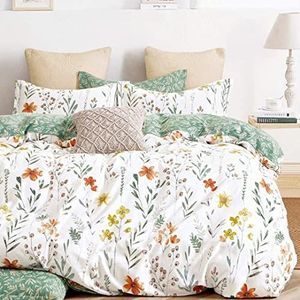 SLEEPBELLA Beddengoedset, queen-size, 100% katoen, zeer zachte microvezelvulling, 3-delige set, gele bloemen en groene botanische print op witte stof