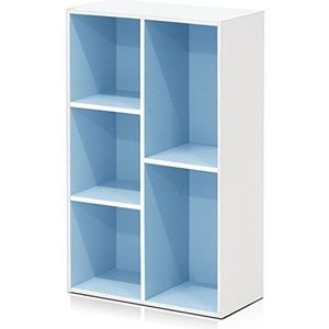 Furinno Open boekenkast met 5 vakken, hout, wit/lichtblauw, 49,5 x 23,9 x 80 cm