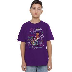 Coco Miguel en Dante met filmcitaten en kleurrijke doedels unisex kinderen T-shirt, paars, 12-13 jaar, Paars, 12-13 jaar