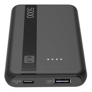Cellularline - Power Bank 5000 - Capaciteit: 5000mAh - Input: 1xUSB-C 10.5W - Output: 1xUSB 12W - Cellen: Li-ion batterij - Heldere LED's geven de reststroom aan - Zwart