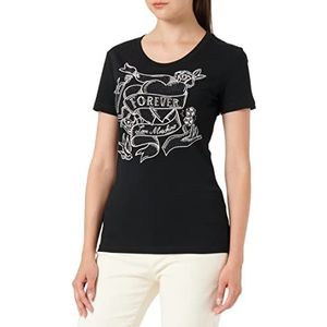 Love Moschino Dames Tight-Fitting Korte mouwen met transparante strassteentjes T-shirt, zwart, 42
