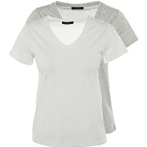 Trendyol Dames wit-grijs Suprem V-hals 2 pakket gebreid T-shirt, wit, klein