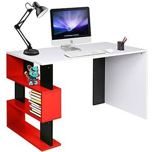BAKAJI Bureau met boekenkast, 3 etages, werktafel, deur, PC, frame en tafelblad van hout, MDF, meubels, kantoor, modern design, afmetingen: 120 x 60 x 75 cm (rood)