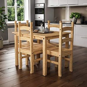 Home Discount Corona Eettafelset met 4 stoelen, massief grenenhout, rustieke wasafwerking