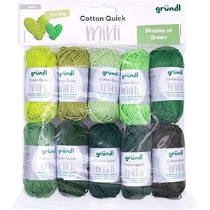 Gründl Wol Cotton Quick Mini Shades of Green Set voor breien en haken, 10 x 15 g, 100% katoen, 15 g / 37 m, groen