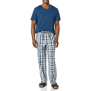 Amazon Essentials Katoenen popeline broek voor heren met katoenen jersey T-shirt pyjamaset, indigo/marineblauw geruit, groot
