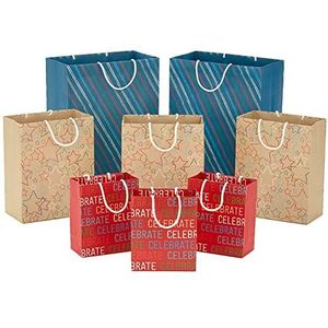 Hallmark recyclebaar cadeauzakje (8 tassen: 3 Small 6 inch, 3 medium 9 inch, 2 Large 13 inch) viering, sterren, strepen, rood, blauw, power brown voor verjaardagen, afstuderen, Vaderdag