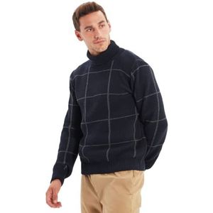 Trendyol Heren coltrui geruite slanke trui sweatshirt, marine blauw, L, marineblauw, L