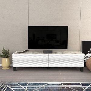 DECOROTIKA Lerze Modern 150 cm brede tv-standaard mediaconsole met speciale textuur op deuren en tafelblad met marmereffect (wit marmereffect/wit)