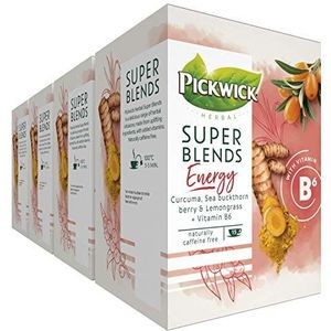 Pickwick Super Blends Energy Kruidenthee met Kurkuma - Duindoornbes en Citroengras - Bevat itamine B6 - (60 Theezakjes) - Cafeïnevrij - 4 x 15 Zakjes