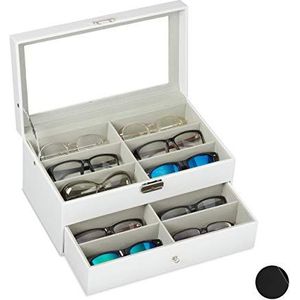 Relaxdays brillendoos voor 12 brillen, opbergdoos zonnebrillen, 8,5x33,5x24,5 cm, kunstleer, organizer, wit