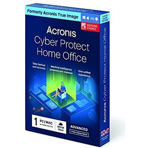 Acronis Cyber Protect Home Office (voorheen Acronis True Image). Persoonlijke cyberbescherming voor thuisgebruikers. Omvat lokale back-up, schijfkloning, herstel, antiransomware, antimalware, privacyfuncties en 1 TB aan cloudopslag voor 3 pc/Mac. Abonnement voor 1 jaar.