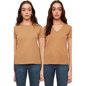 Trendyol Dames bruine V-hals en ronde kraag 2-pakket basic gebreid T-shirt, lichtbruin, large