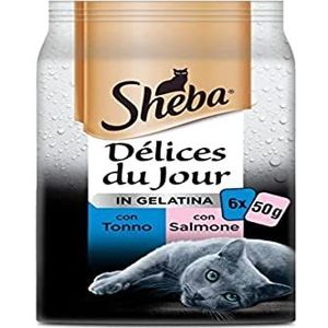Sheba Délice Du Jour Natvoer voor katten, smaak van tonijn en zalm in gelei, 12 verpakkingen met elk 6 zakjes x 50 g, totaal 3600 g