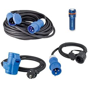 as - Schwabe Outdoor Set, 10m Verlängerungskabel + 2x Adapter-Leitung CEE, Schutzkontaktstecker und Buchse/Kupplung mit Powerlight Spannungsanzeige + Taschenlampe XT1, Blau/Schwarz, 19601