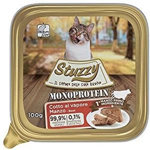 Stuzzy, Monoproteïne, grain & glutenvrij, natvoer voor volwassen katten met rundvleessmaak, bereid in paté, in totaal 3,2 kg (32 kommen van 100 g)