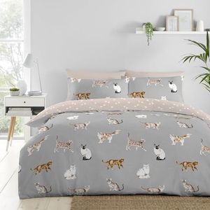Fusion - Grijs kattendekbedovertrek - tweepersoons beddengoed (200 x 200 cm) - omkeerbaar ontwerp (roze en grijs) - beddengoed met kattenpootprint - beddengoed met dierenprint - Siamees, Perzisch,