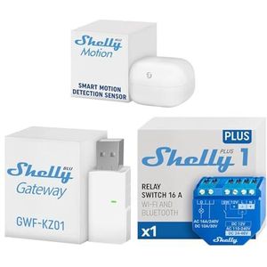 Shelly BLU Motion + Gateway + Plus 1 Bundle: Bewegingsmelder Met Lux-Sensor, WLAN-Gateway in USB-A-Dongle, Smart Relais Schakelaar