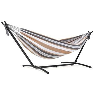 Mondeer Hangmat met standaard, dubbele stof campinghangmat met metalen frame, draagtas tot 200 kg, voor kamperen, reizen, terras, buitentuin, geelbruin