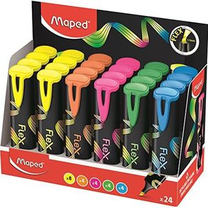 Maped - 24 Fluo'Peps Flex markeerstiften - zachte en flexibele punt - display x24 - kleuren: geel, blauw, groen, roze en oranje