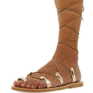 38 Rose Gold Emmanuela lederen kalfssandalen in oude Griekse stijl, handgemaakte gladiator bindingandalen, hoge kwaliteit Riemchen zomerschoenen, boho chique teen ring lace-ups