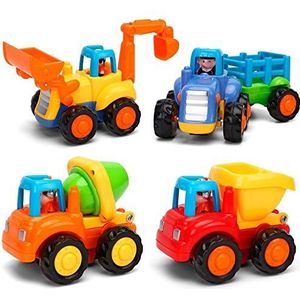 MOONTOY Babyspeelgoedauto, graafmachine, constructievoertuigen, bouwvoertuigen, 4 in een set voor kinderen vanaf 1 2 3 jaar, tractor, bulldozer, kipper en cementmixer, 2022 bijgewerkt
