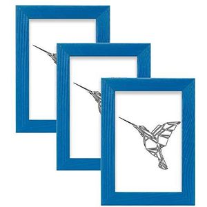 Fotolijst set van 3 stuks A6 10 x 15 cm – kleur blauw, van hout, met acrylglas – voor verticaal of horizontaal ophangen/neerzetten, voor foto's, posters, puzzels