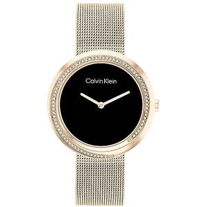 Calvin Klein Analoge quartz horloge voor vrouwen met anjer goudkleurige roestvrijstalen mesh armband - 25200151, Zwart, armband