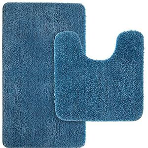 MIULEE Absorberende badmatset 2 stuks antislip badtapijt 50 x 80 cm en U-vorm WC toilettapijt 50 x 50 cm met hoge hydroscopiciteit tapijten, super zacht, gezellig en ruig microvezeltapijt voor badkamer blauw